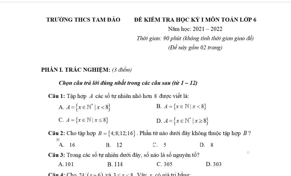 Toán 6-Đề kiểm tra cuối kì 1 Trường THCS Tam Đảo năm học 2021-2022